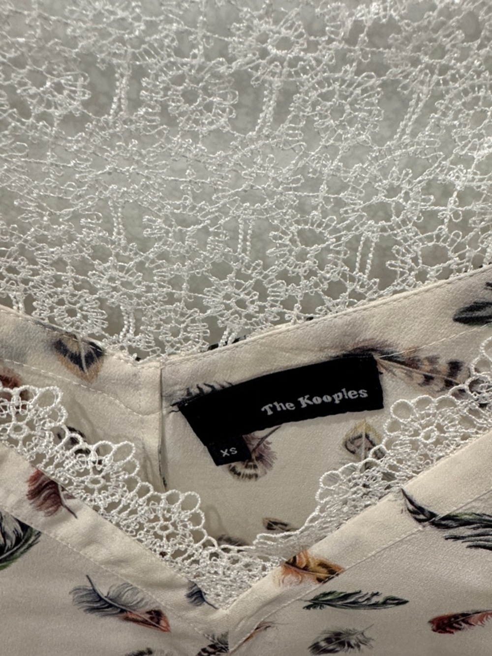 The Kooples Cream Feather-Print Lace-Trim Top